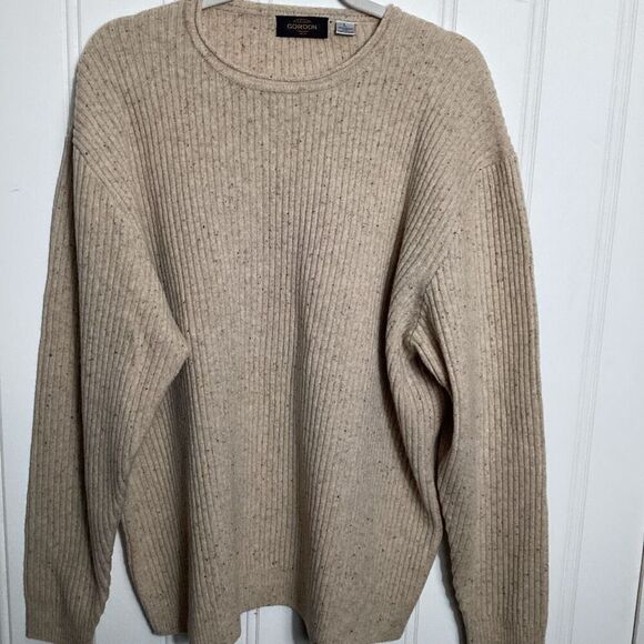New Orleans Gordon Mens 100% Merino Wool Sweater Sz L Ribbed Speckled Beige - Picture 1 of 7